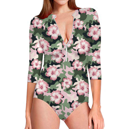 Pink Hibiscus Flower Camouflage Print Long Sleeve Swimsuit