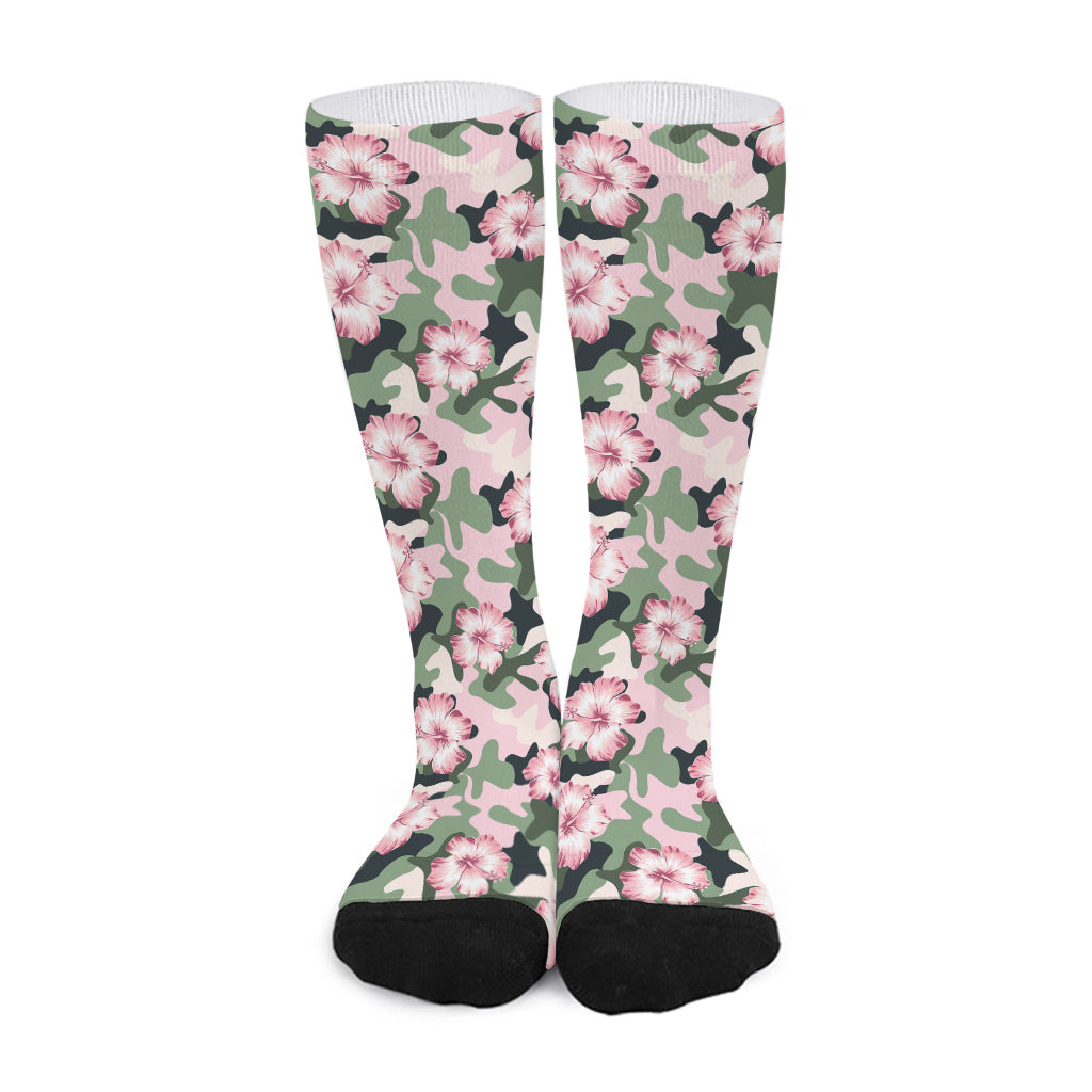 Pink Hibiscus Flower Camouflage Print Long Socks