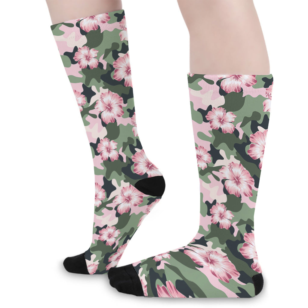 Pink Hibiscus Flower Camouflage Print Long Socks