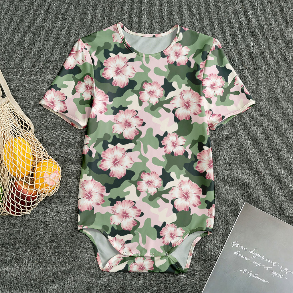 Pink Hibiscus Flower Camouflage Print Men's Bodysuit