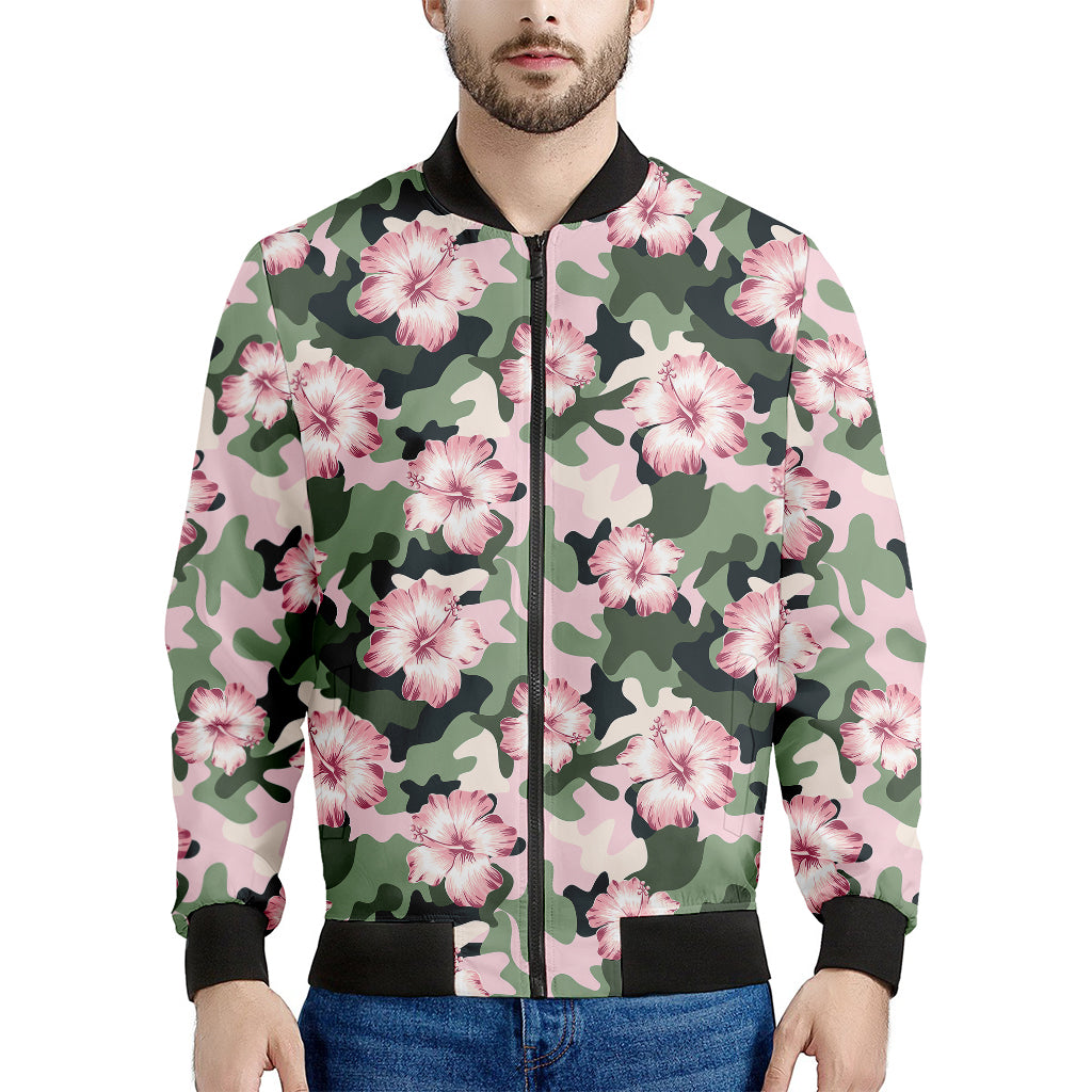 Pink Hibiscus Flower Camouflage Print Men's Bomber Jacket