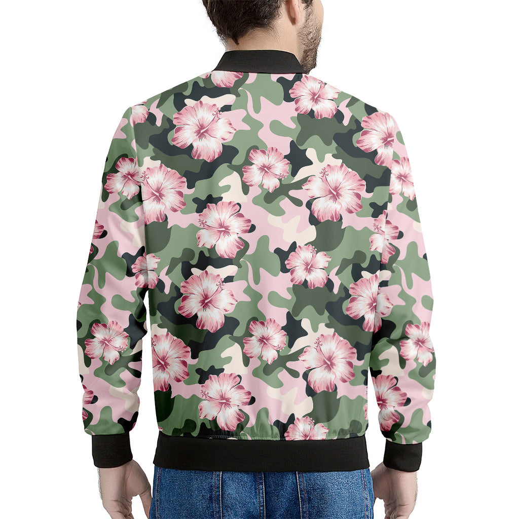 Pink Hibiscus Flower Camouflage Print Men's Bomber Jacket