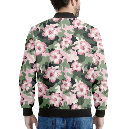 Pink Hibiscus Flower Camouflage Print Men's Bomber Jacket