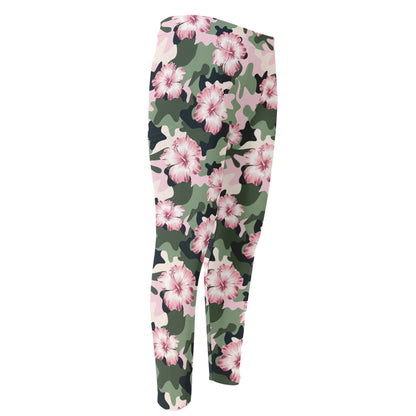 Pink Hibiscus Flower Camouflage Print Men's Compression Pants