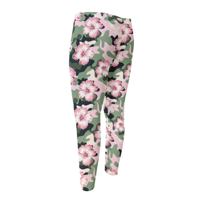 Pink Hibiscus Flower Camouflage Print Men's Compression Pants