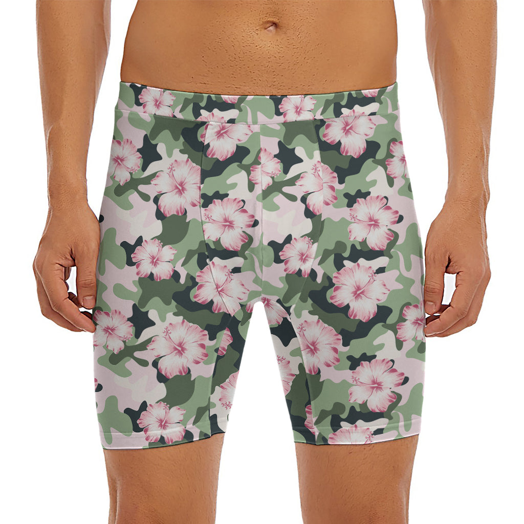 Pink Hibiscus Flower Camouflage Print Men's Long Boxer Briefs