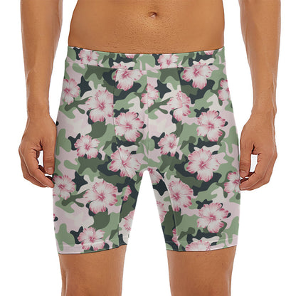 Pink Hibiscus Flower Camouflage Print Men's Long Boxer Briefs