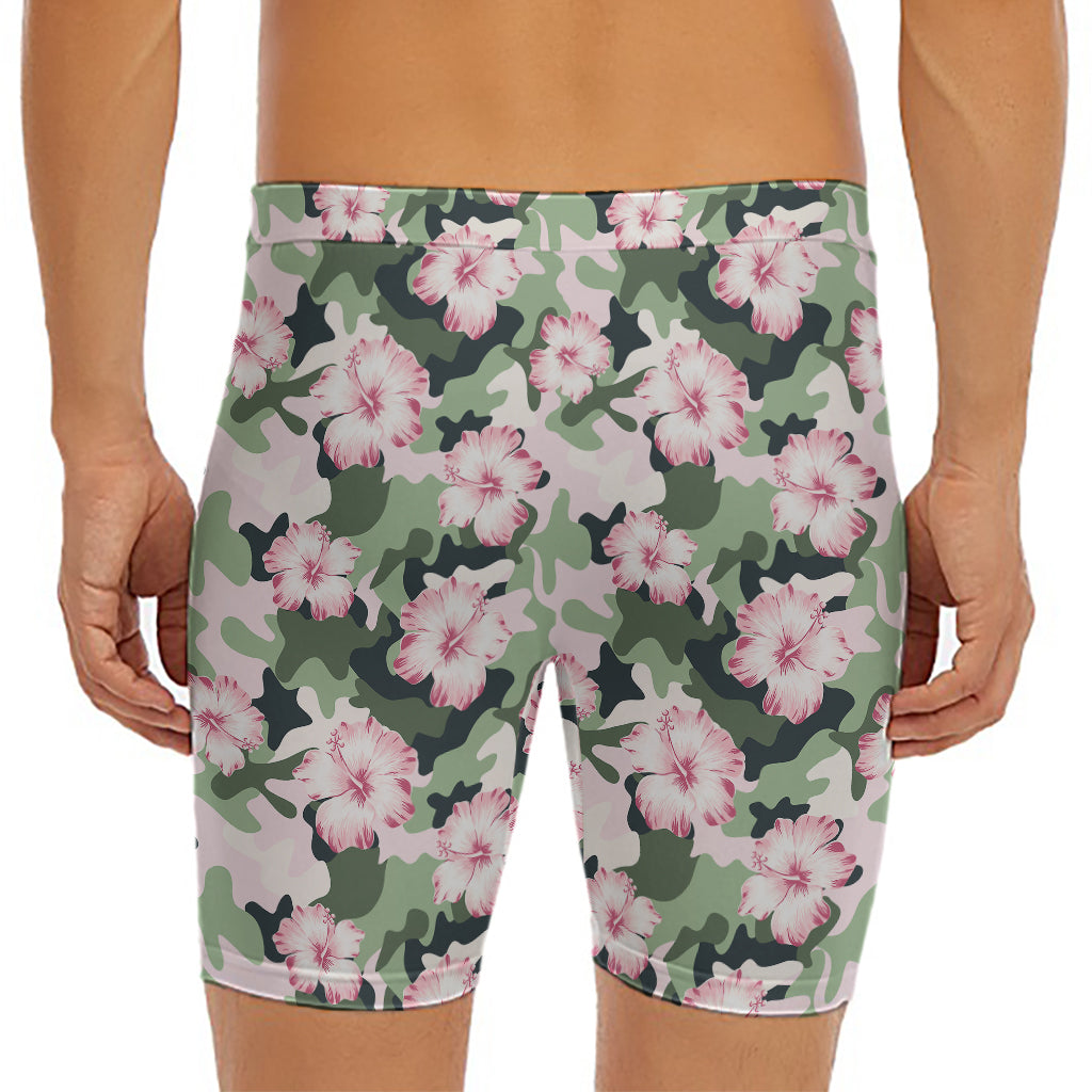 Pink Hibiscus Flower Camouflage Print Men's Long Boxer Briefs