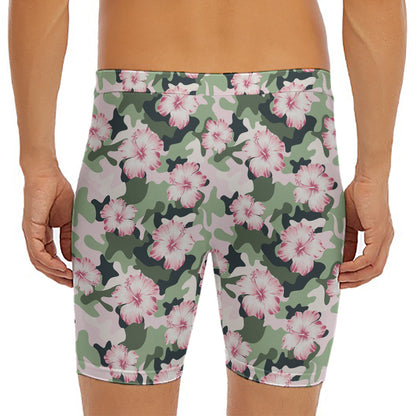 Pink Hibiscus Flower Camouflage Print Men's Long Boxer Briefs