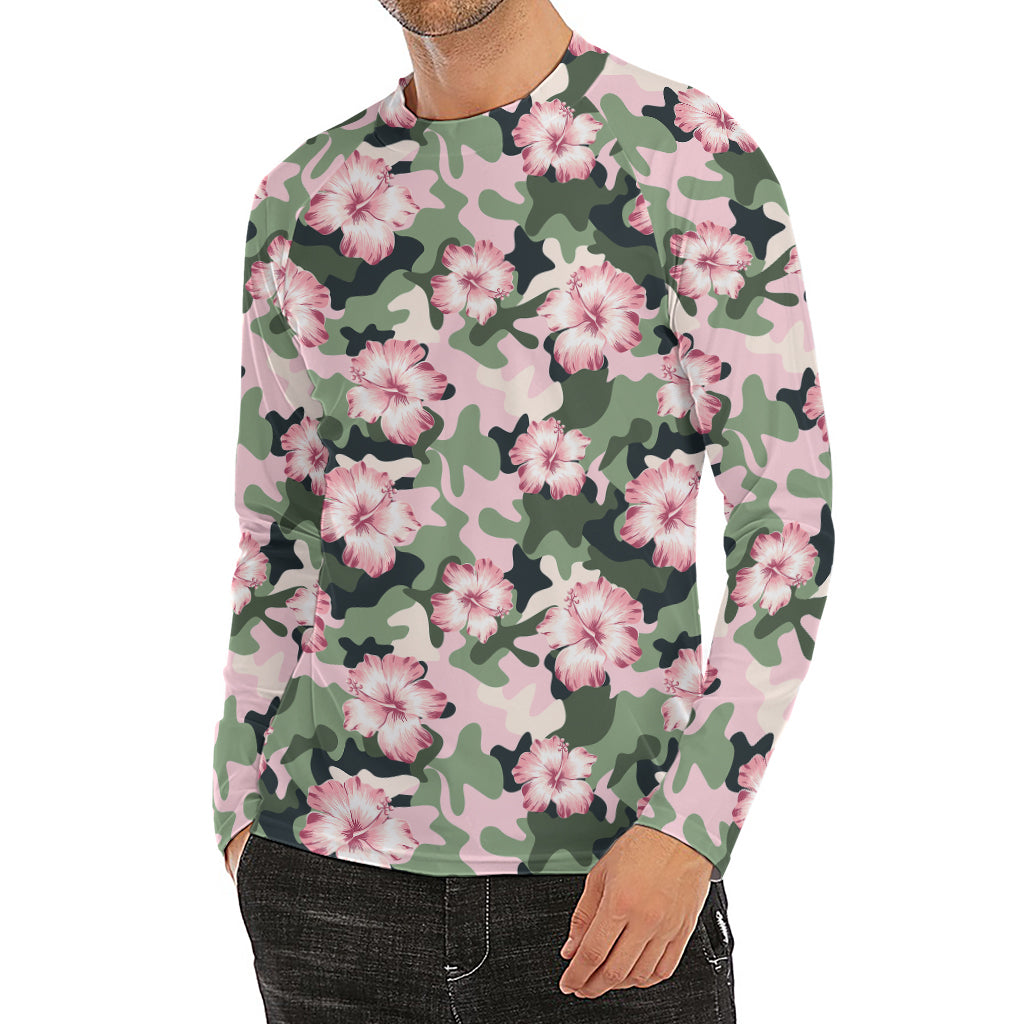 Pink Hibiscus Flower Camouflage Print Men's Long Sleeve Rash Guard