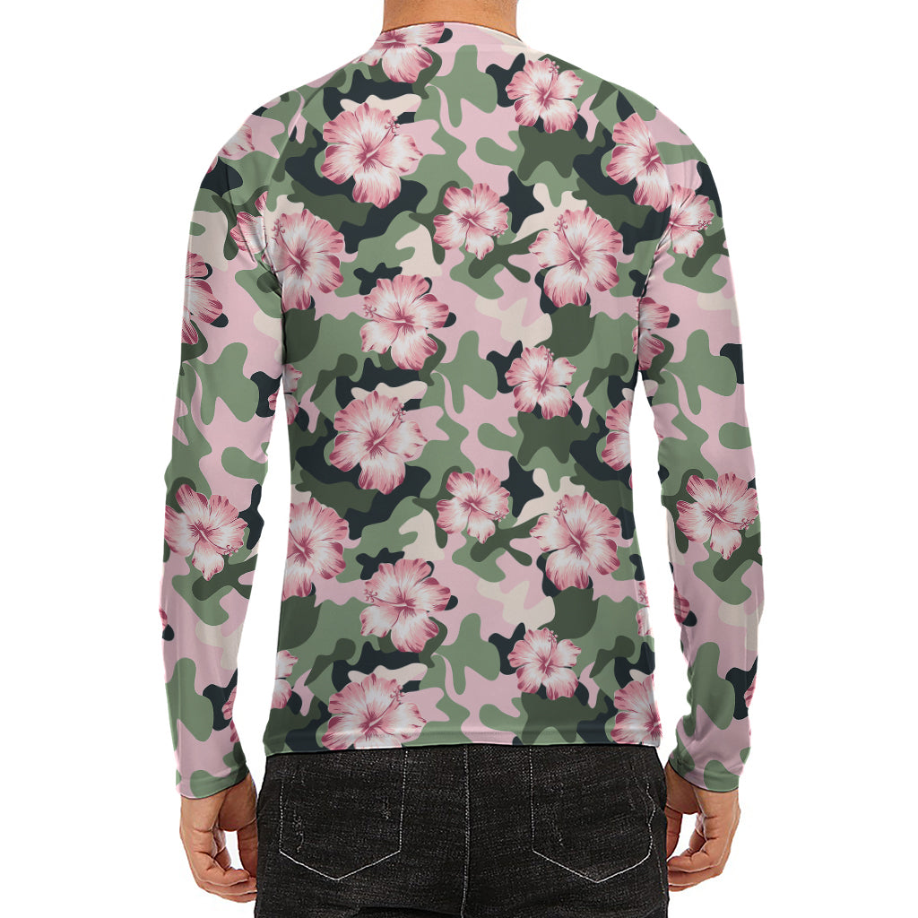 Pink Hibiscus Flower Camouflage Print Men's Long Sleeve Rash Guard