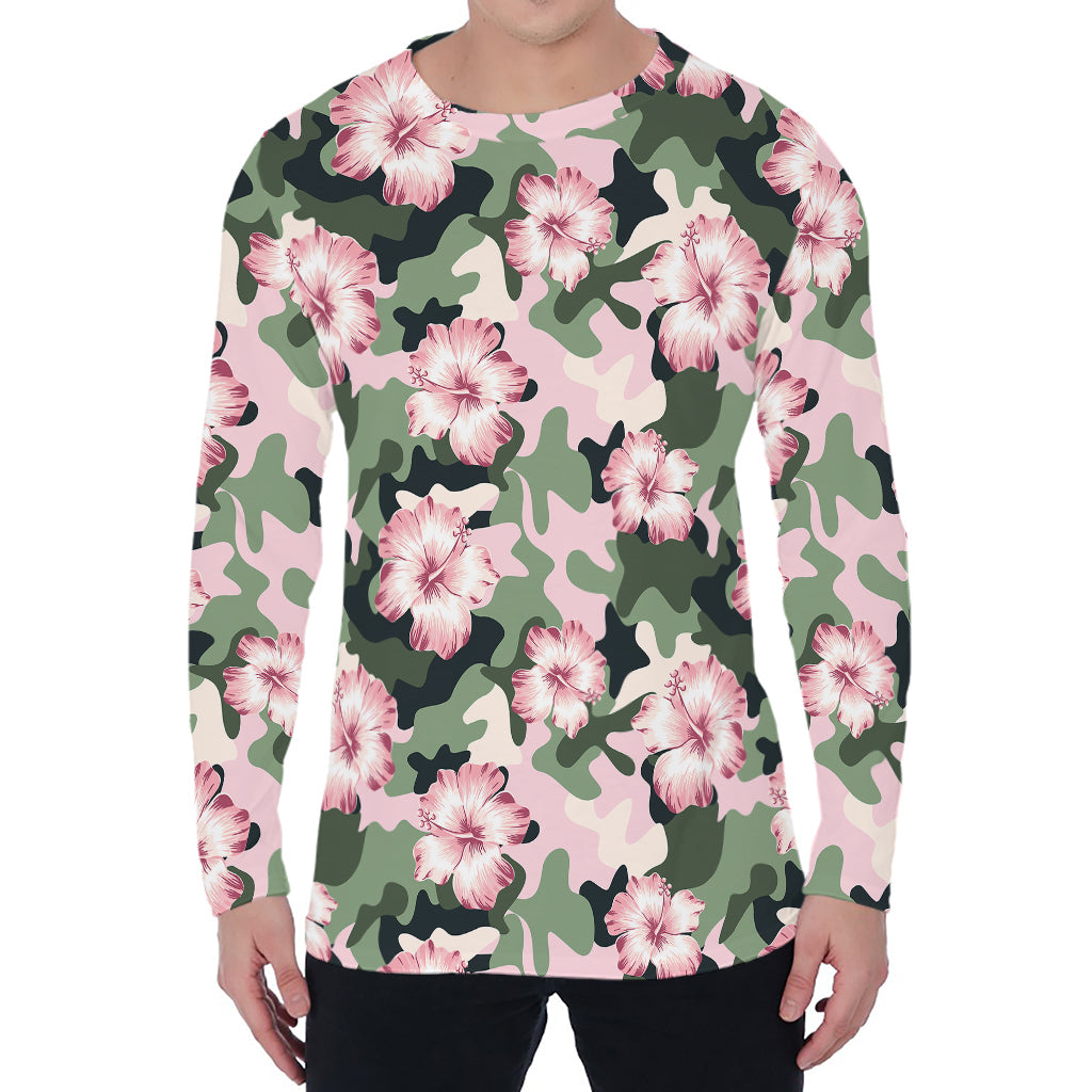 Pink Hibiscus Flower Camouflage Print Men's Long Sleeve T-Shirt
