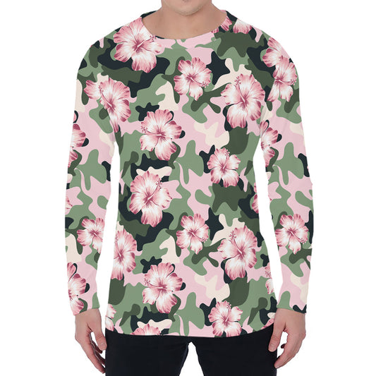 Pink Hibiscus Flower Camouflage Print Men's Long Sleeve T-Shirt