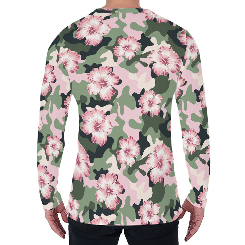 Pink Hibiscus Flower Camouflage Print Men's Long Sleeve T-Shirt