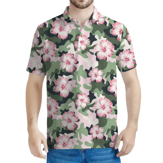 Pink Hibiscus Flower Camouflage Print Men's Polo Shirt