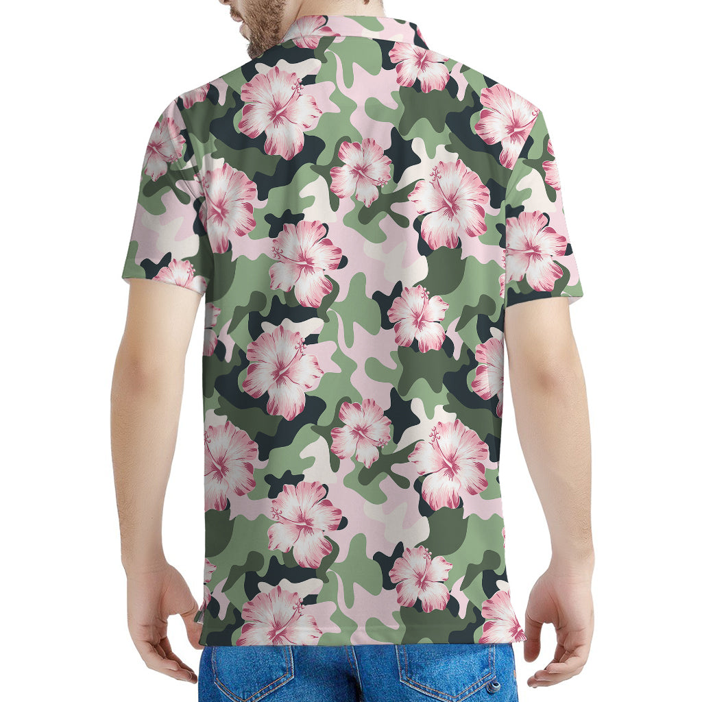 Pink Hibiscus Flower Camouflage Print Men's Polo Shirt