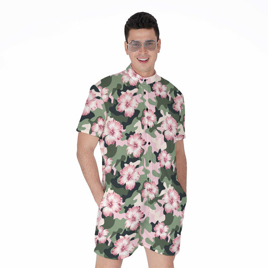 Pink Hibiscus Flower Camouflage Print Men's Rompers