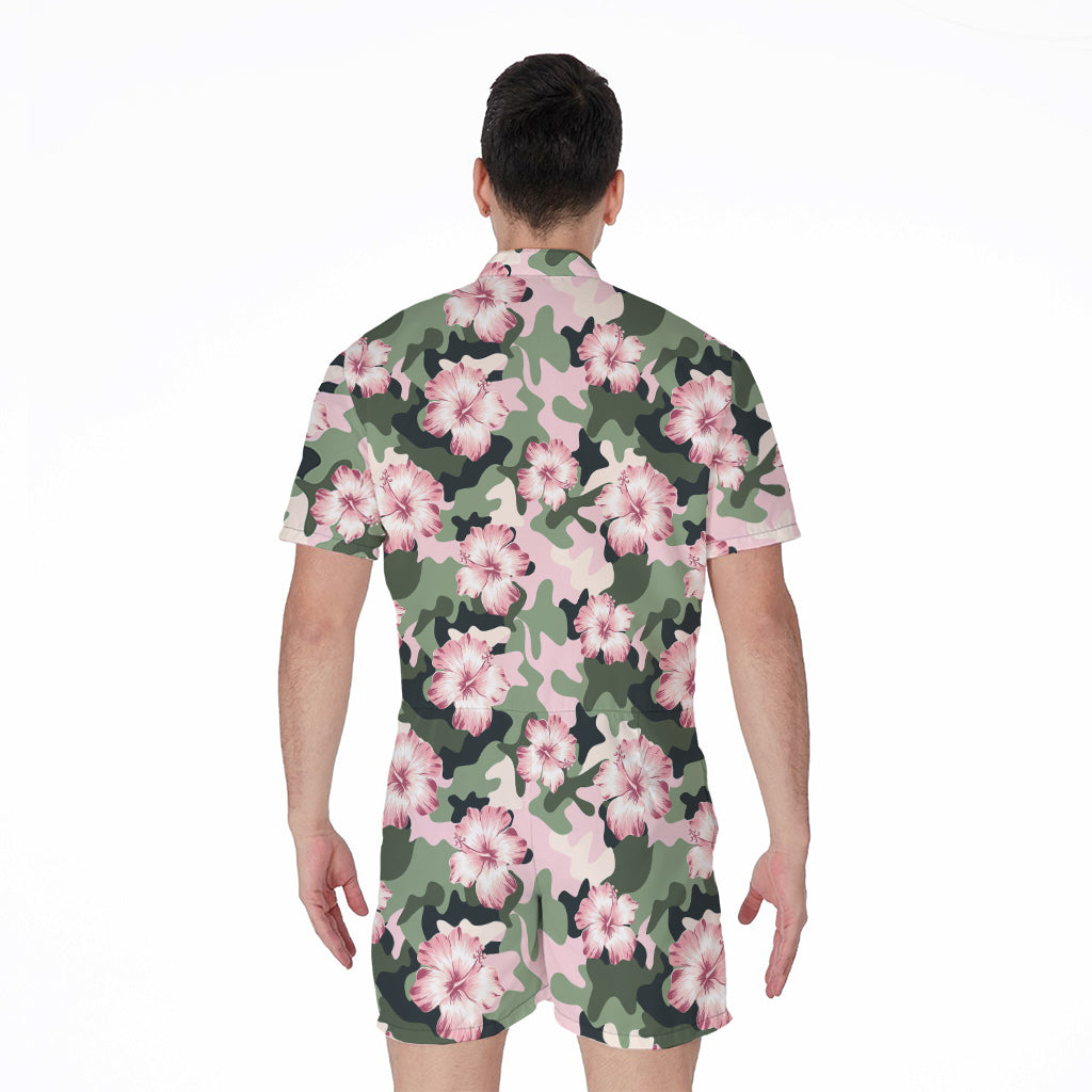 Pink Hibiscus Flower Camouflage Print Men's Rompers