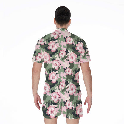 Pink Hibiscus Flower Camouflage Print Men's Rompers