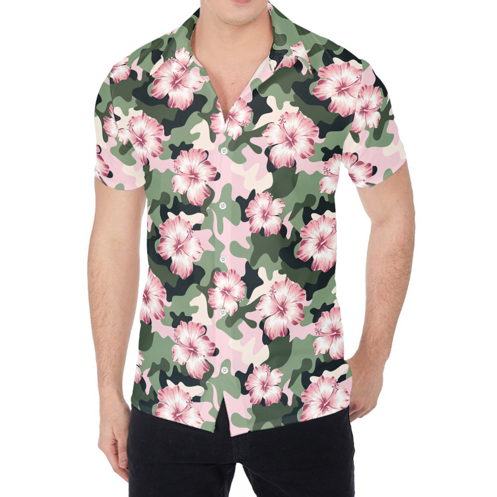 Pink Hibiscus Flower Camouflage Print Men's Shirt