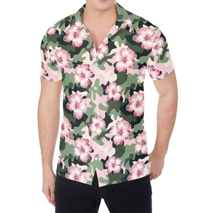 Pink Hibiscus Flower Camouflage Print Men's Shirt