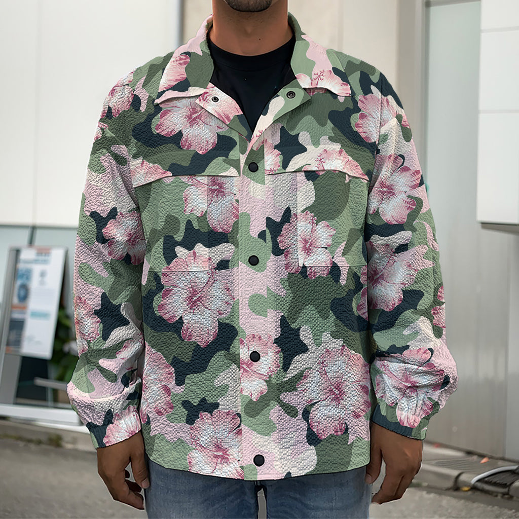 Pink Hibiscus Flower Camouflage Print Men's Shirt Jacket