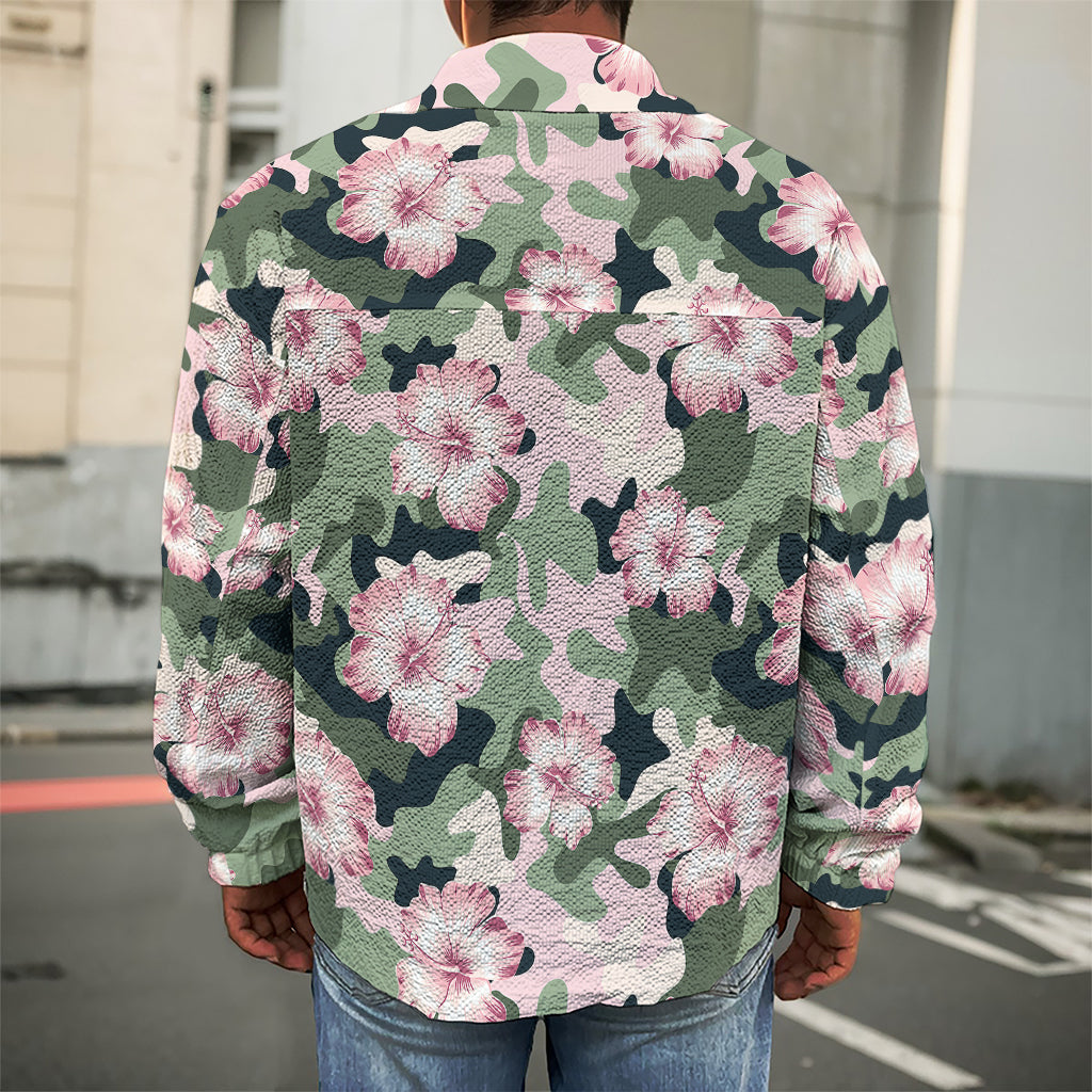 Pink Hibiscus Flower Camouflage Print Men's Shirt Jacket