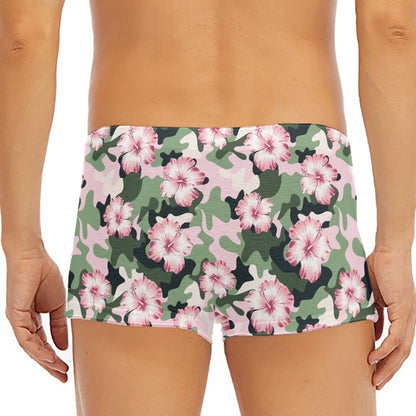 Pink Hibiscus Flower Camouflage Print Men's Short Boxer Briefs