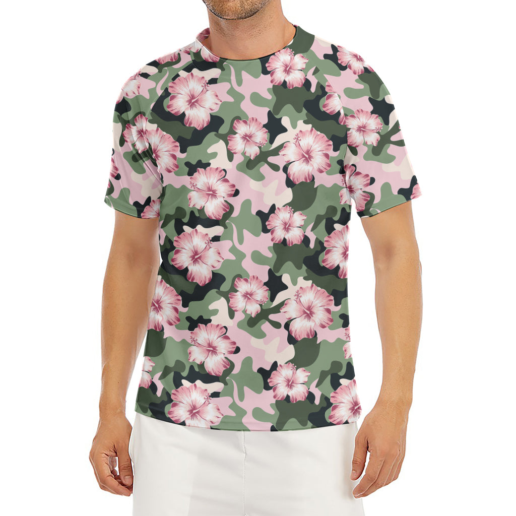 Pink Hibiscus Flower Camouflage Print Men's Short Sleeve Rash Guard