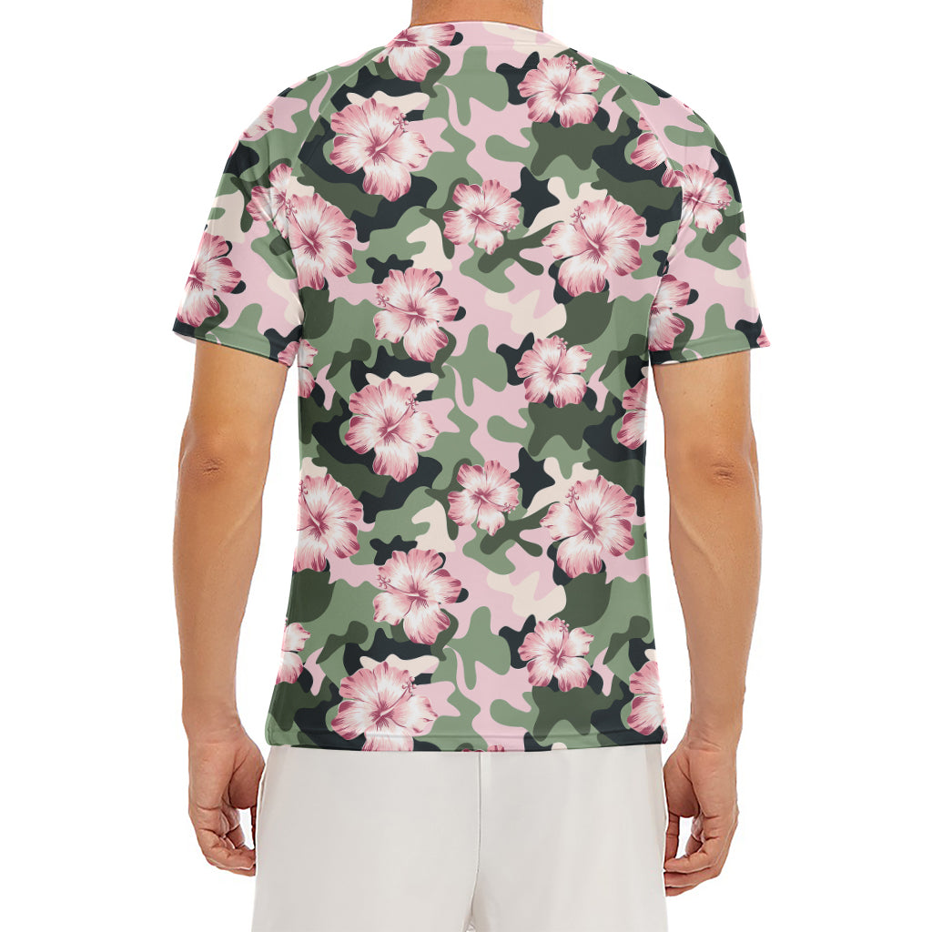 Pink Hibiscus Flower Camouflage Print Men's Short Sleeve Rash Guard