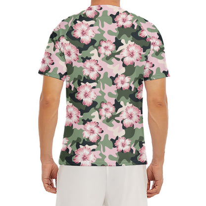 Pink Hibiscus Flower Camouflage Print Men's Short Sleeve Rash Guard
