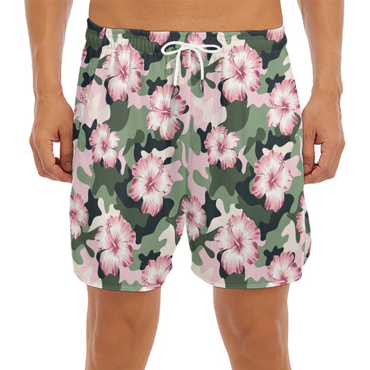 Pink Hibiscus Flower Camouflage Print Men's Split Running Shorts