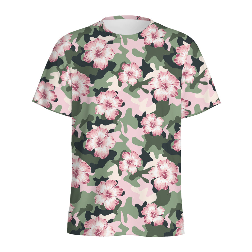 Pink Hibiscus Flower Camouflage Print Men's Sports T-Shirt