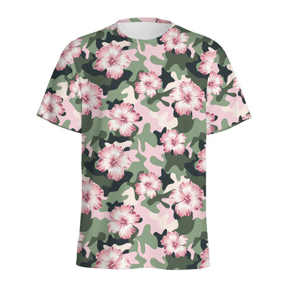 Pink Hibiscus Flower Camouflage Print Men's Sports T-Shirt
