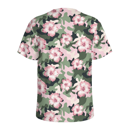 Pink Hibiscus Flower Camouflage Print Men's Sports T-Shirt