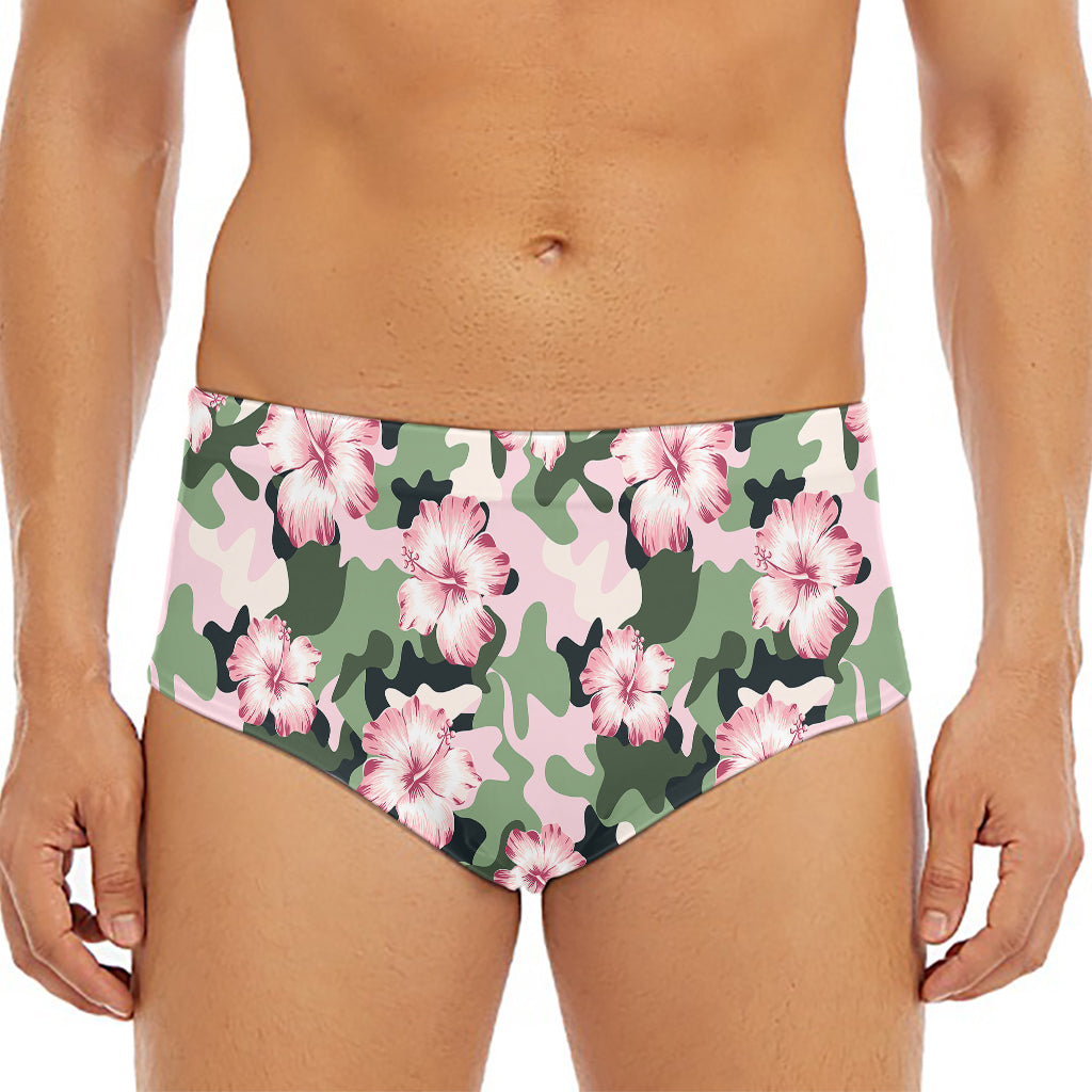 Pink Hibiscus Flower Camouflage Print Men's Triangle Swim Briefs