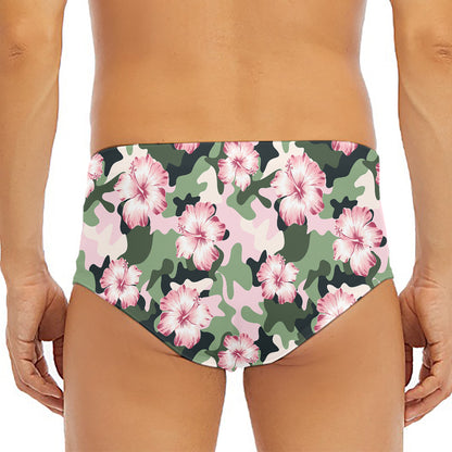 Pink Hibiscus Flower Camouflage Print Men's Triangle Swim Briefs