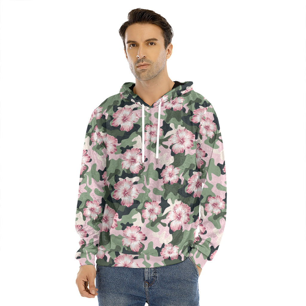 Pink Hibiscus Flower Camouflage Print Men's Velvet Pullover Hoodie