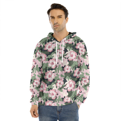 Pink Hibiscus Flower Camouflage Print Men's Velvet Pullover Hoodie