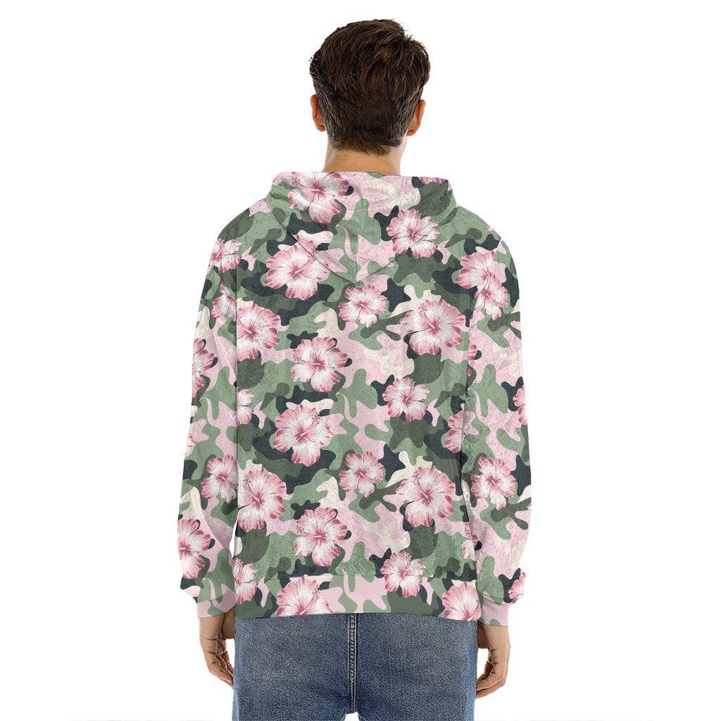 Pink Hibiscus Flower Camouflage Print Men's Velvet Pullover Hoodie