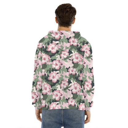 Pink Hibiscus Flower Camouflage Print Men's Velvet Pullover Hoodie