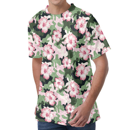 Pink Hibiscus Flower Camouflage Print Men's Velvet T-Shirt