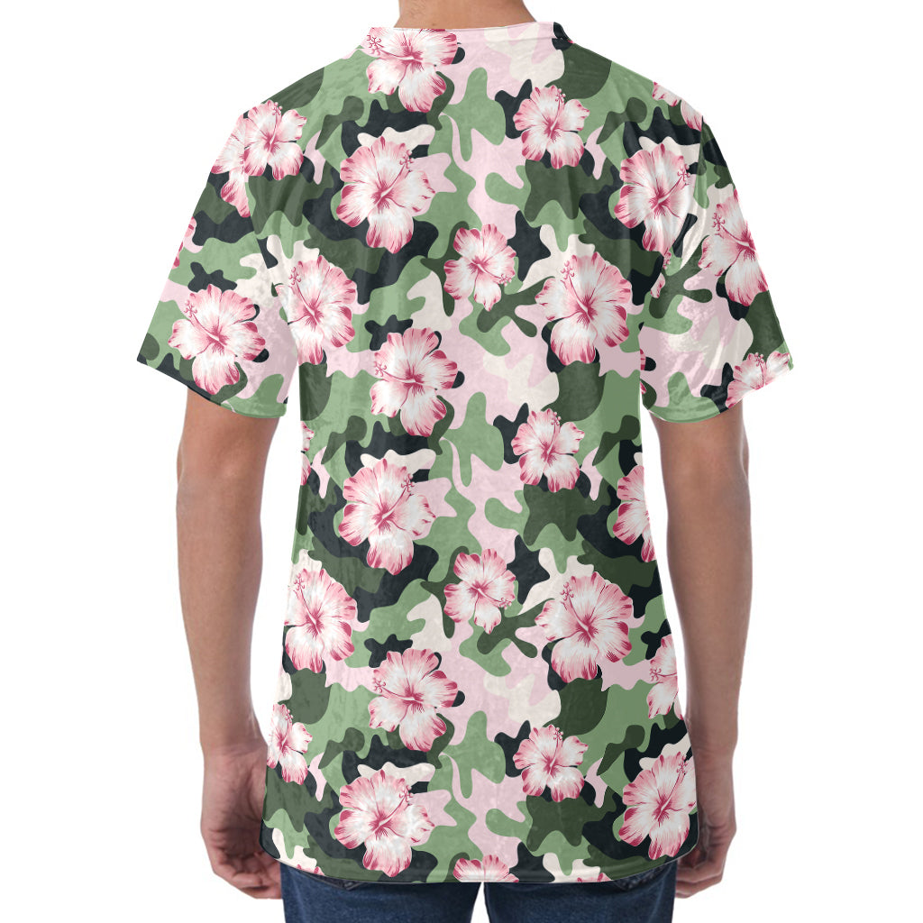 Pink Hibiscus Flower Camouflage Print Men's Velvet T-Shirt