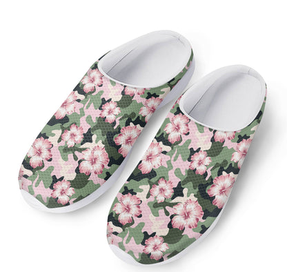 Pink Hibiscus Flower Camouflage Print Mesh Casual Shoes