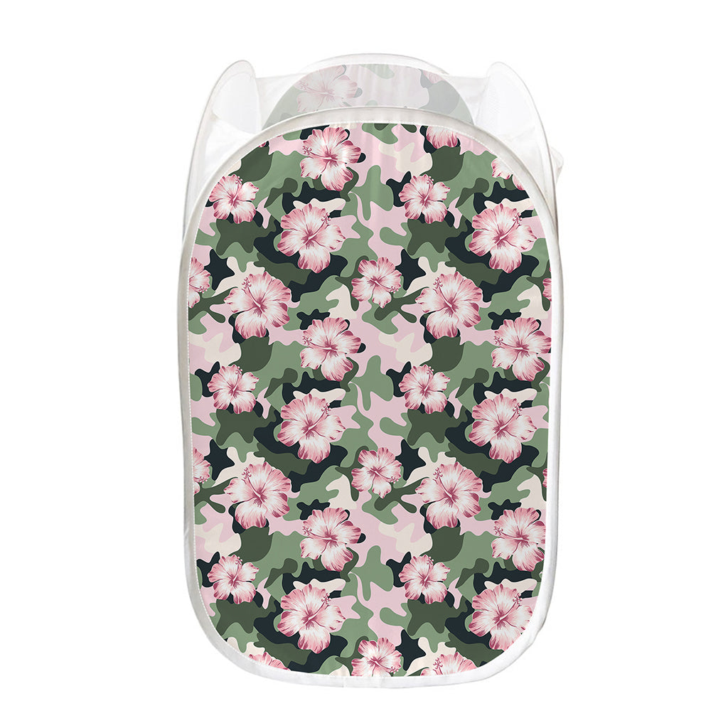 Pink Hibiscus Flower Camouflage Print Mesh Laundry Hamper