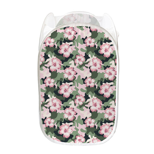 Pink Hibiscus Flower Camouflage Print Mesh Laundry Hamper
