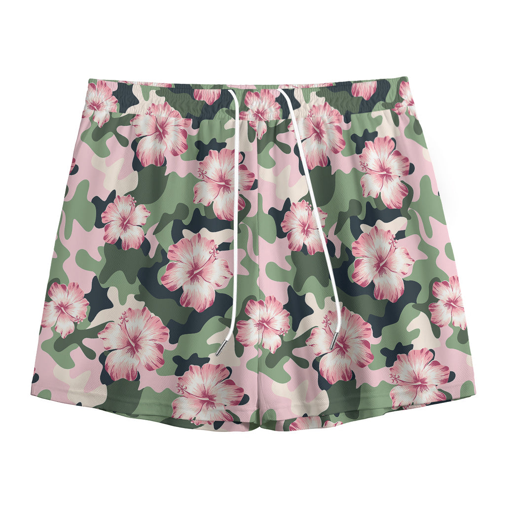 Pink Hibiscus Flower Camouflage Print Mesh Shorts