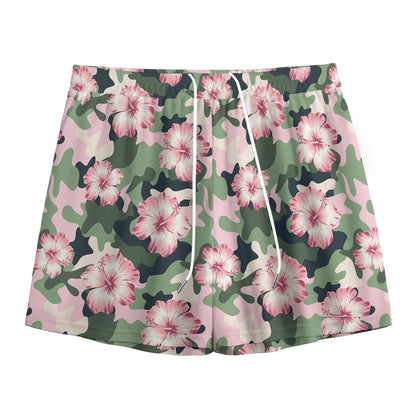 Pink Hibiscus Flower Camouflage Print Mesh Shorts