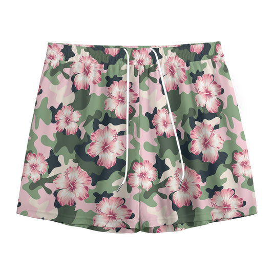 Pink Hibiscus Flower Camouflage Print Mesh Shorts
