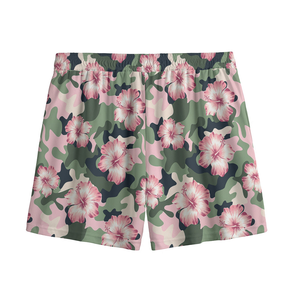 Pink Hibiscus Flower Camouflage Print Mesh Shorts